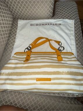 BCBGMaxAzria White Canvas Tote with Mustard Stripes and Yellow Handles